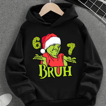 Spring And Autumn Single Casual Fashion Christmas #67 Boys Black Hoodie, Six Seven, Green Alien Cartoon Print Pattern