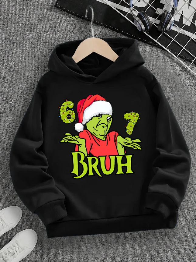Spring And Autumn Single Casual Fashion Christmas #67 Boys Black Hoodie, Six Seven, Green Alien Cartoon Print Pattern