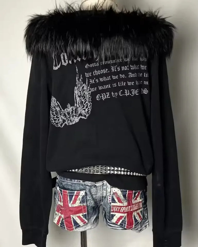 Y2K Street Retro Women Black Fur Collar Zip Up Hoodie Gothic Wing Crown Letter Print Fur Collar Trendy Hip Hop Casual Hoodie