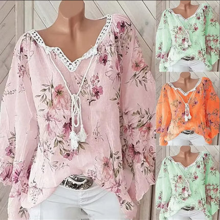 2026 Europe and the United States spring and summer new women's top V-neck splicing print large size long-sleeved shirt women