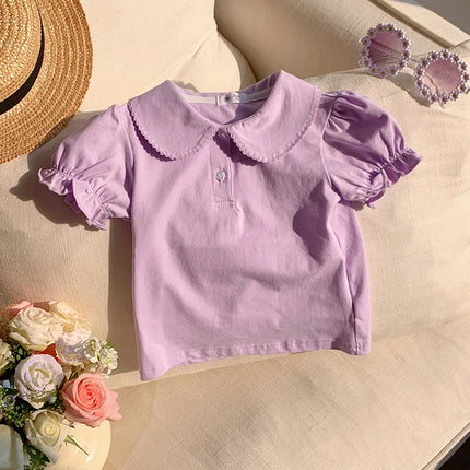 Solid Button Polo Shirt For Girls Cute Children Clothes Casual Short Sleeve T-shirt