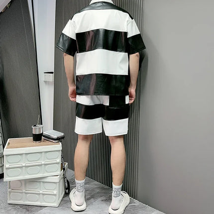 Splice Color Stripe Pu Leather Lapel Collar T Shirt Black Purple Red Polo Shirt Men Women High Quality Casual Short Sleeve Tops
