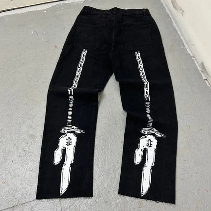 Harajuku anime characters printing jean new wide leg denim pants y2k mens jeans streetwear style couples trouser black jeans