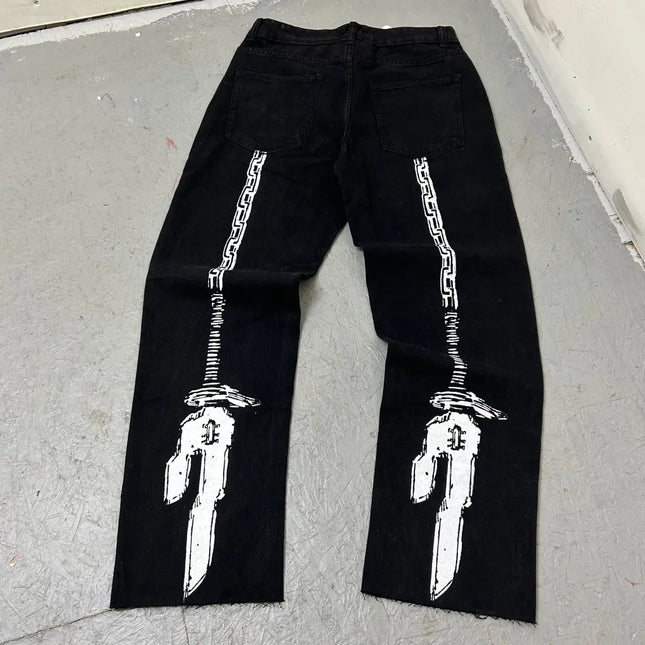 Harajuku anime characters printing jean new wide leg denim pants y2k mens jeans streetwear style couples trouser black jeans