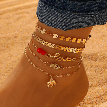 Bohemian Summer Beach Anklet Set For Women Gold Color Chain On Leg Leaf Heart Pineapple Rose Charm Ankle Bracelet Female Jewelry