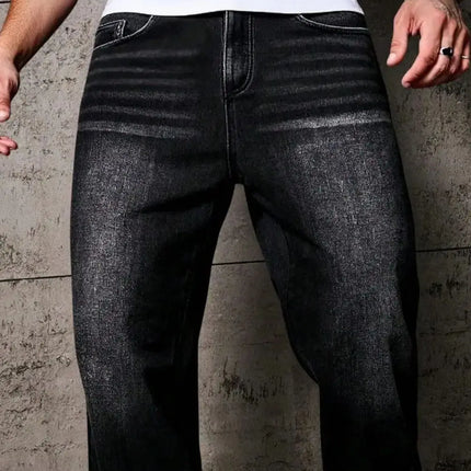 1pc Vintage Style Men's Black Washed Distressed Loose Wide Leg Relaxed Straight Jeans, Perfect Gift for Husband, Boyfriend