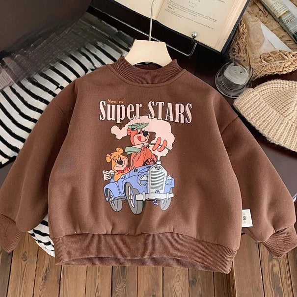 2025 Winter New Baby Long Sleeve Fleece Sweatshirt Infant Boy Girl Cartoon Warm Pullover Toddler Velvet Thick Casual Top Clothes
