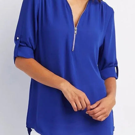 2024 Quality HotSale Plus Size Deep V Neck Women Blouse Chiffon Cool Loose Shirt Fashion Casual Ladies Tops Sexy Zipper Pullover