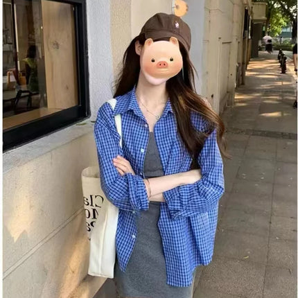 Blue Plaid Casual Sle Women's irt Jaet Loose Fit Autumn Outerwear Open Cardigan Top Seasonal Collection  Collar