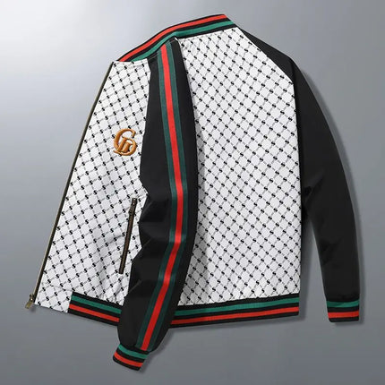 Men's Geometric Print Bomber Jacket Contrast Stripe Zip Up Varsity Baseball Coat