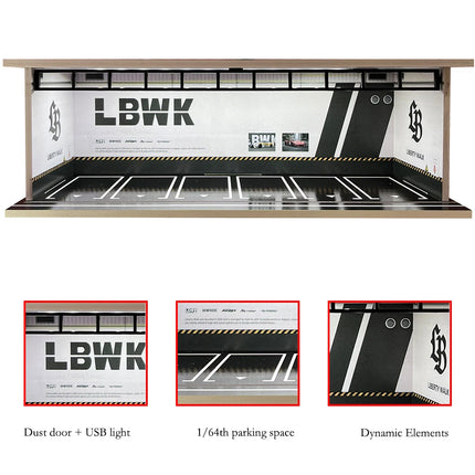 1/64 Scale Car Garage Diorama with USB LED Light Realistic Parking Lot Display Case for Model Cars & Miniature Vehicles