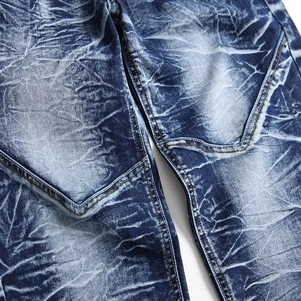 Men's Blue Stretch Jeans, Washed and Bleached Straight-leg Denim Pants, Asian Sizes 28–42. New 2026
