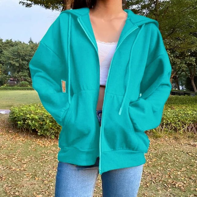 Oversized Hooded Zipper Sweatshirt Shoulder Drop Cuff Independent Station Women's Open Cardigan Street Style Comfortable Casual