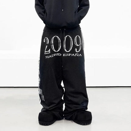 Casual American Street Retro Print Side Stripes Spliced Letter Hip-hop Plush Loose Sweatpants Drawstring Sports Vintage Pants