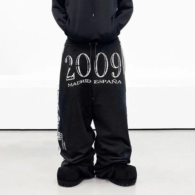 Casual American Street Retro Print Side Stripes Spliced Letter Hip-hop Plush Loose Sweatpants Drawstring Sports Vintage Pants