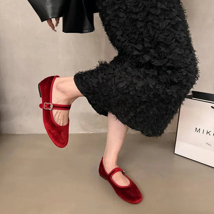 Vintage Flat Velvet Korean Style Mary's Single Shoes Women's 2024 New Spring Autumn Winter Red Warm Evening Shoes