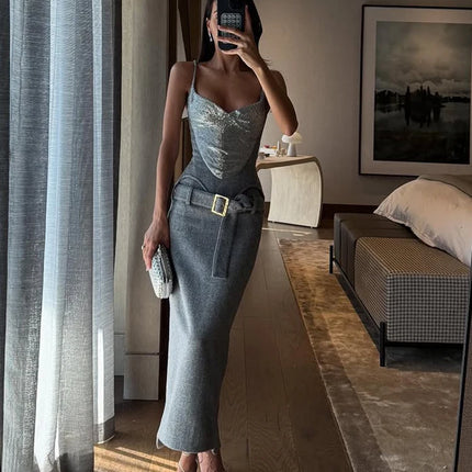Elegant Sequin Patchwork Sling Top Lady Sleeveless Off-shoulder Waist Cinching Slim Short Blouse 2026 New Women Club Street Tops