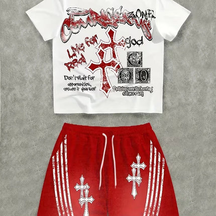 Spring And Summer American Trend 3D Printed Skull Men's Round-neck Top And Shorts, Hip-hop Style Trendy And Cool 2pcs Set