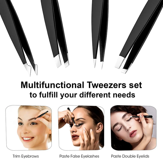 4-Piece Stainless Steel Tweezer Set for Facial Hair Removal and Splinter Removal travel kit