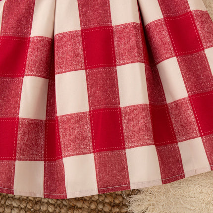 9 Months -4 Years Old Summer New Plaid Short Sleeved Baby Girl Dress, Red Cherry Petal Lapel Children'S Clothing