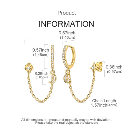 925 Sterling Silver Gold Color Star Moon Chain Stud Earrings for Women Girl Ear Studs Fine Jewelry Fashion Luxury Anniversary