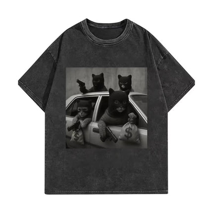 Funny Cat Gang Meme Graphic T Shirts Men's Women's Fashion Vintage Washed T-shirt Summer High Quality Cotton T-shirts