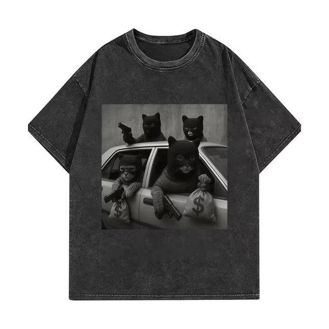 Funny Cat Gang Meme Graphic T Shirts Men's Women's Fashion Vintage Washed T-shirt Summer High Quality Cotton T-shirts