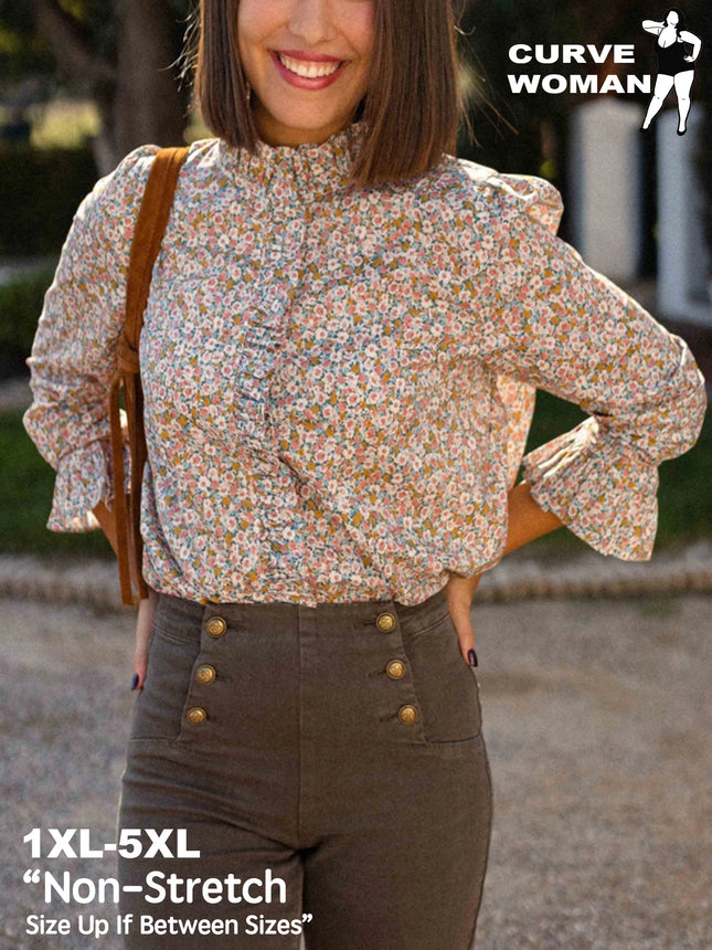 Plus Size Floral Print Blouse, Ruffled Placket & Cuffs with French Buttons, Flared Hem Office & Vacation Top
