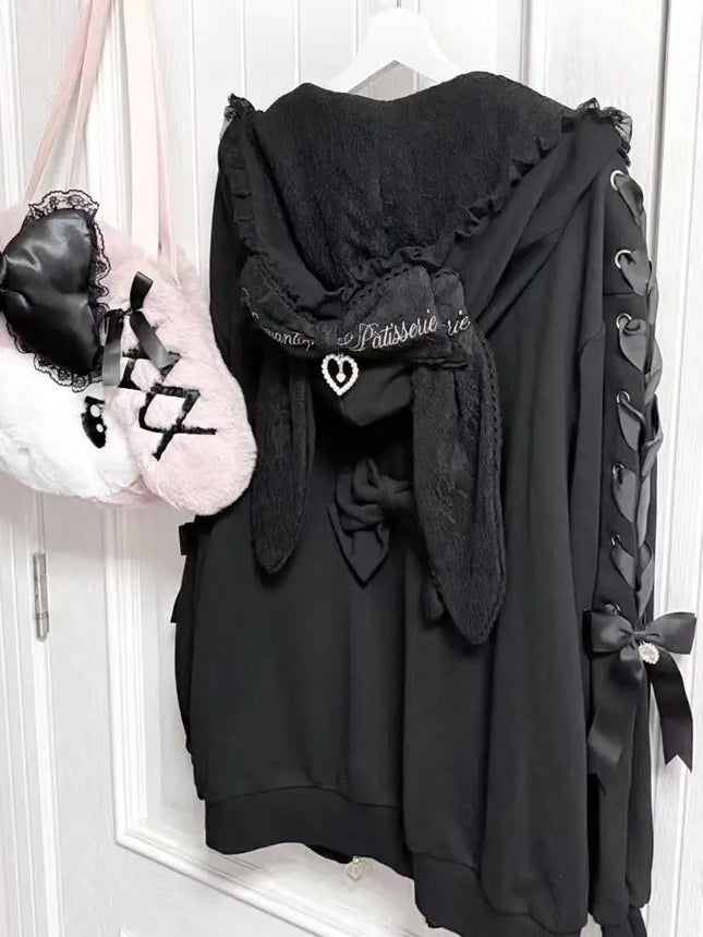 Literary All-match Preppy Style Premium Hoodies Sweet Rabbit Ear Lace Hoody Sweatshirt Japanese Loose Lace Up Bow Casual Jacket