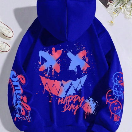 Happy Day Graffiti Print Women Hoodie Street Hip Hop Hoody Fashion Crewneck Versatile Hoodies Vintage Oversize Clothes Female