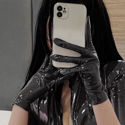 Free shipping Ftshist Women Shiny Faux Leather Long Gloves Men Latex Fetish Patent Leather Full Fingers Glove Cosplay Accessory