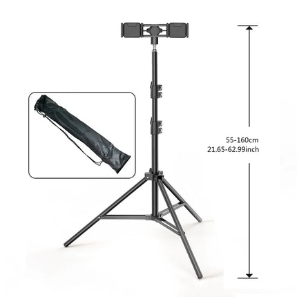 Dual Phone Tripod Stand 1.6M Adjustable with Clip for Live Video Recording Portable Floor Holder Support 2 Phone Simultaneously