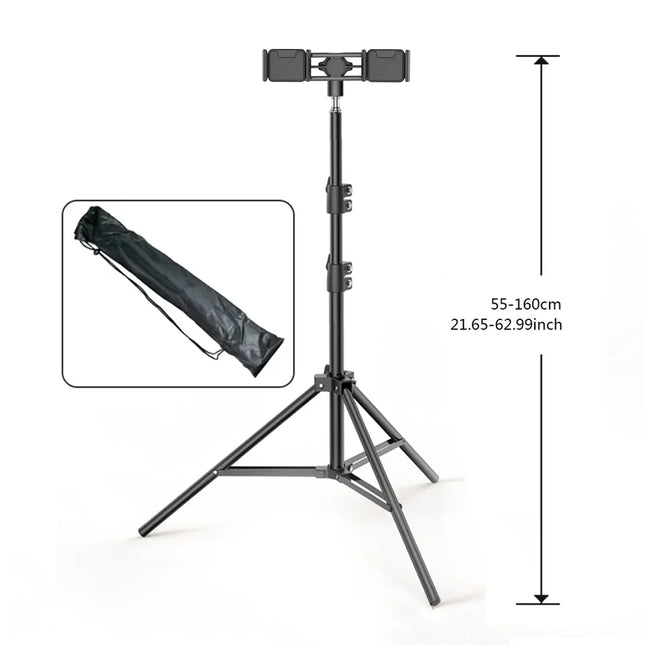 Dual Phone Tripod Stand 1.6M Adjustable with Clip for Live Video Recording Portable Floor Holder Support 2 Phone Simultaneously