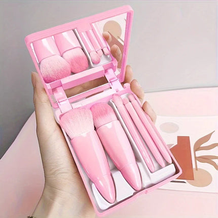 Mini Makeup Brush Set Travel Makeup Brush Set，5Pcs Portable Makeup Brush Set With Mirror -  Foldable Travel Kit