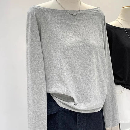 One Shoulder Cotton Slant Shoulder Long Sleeve Women's Interior-Style Wide Truffle Shoulder Base Autumn Winter Shirt