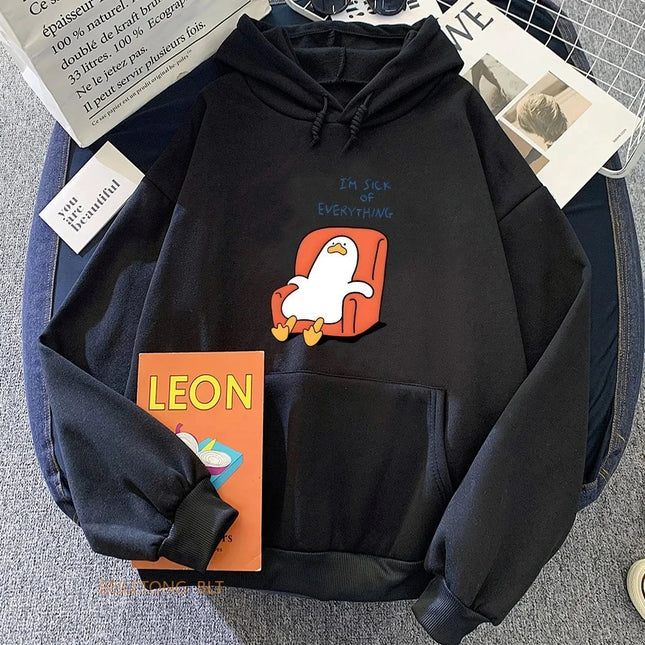 I'M SICK EVERYHING Funny Duck Cartoon Printed Hoodies Casual Sweatshirts for Women Winter Fleece Harajuku Street Hoody