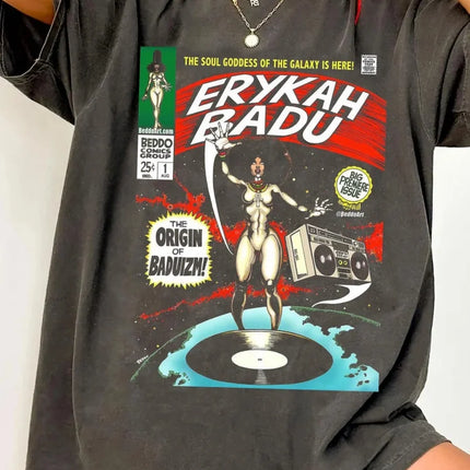 Erykah Badu Pattern Tour Neutral Shirt Erykah Badu Comic Book Retro Rock R&B Music Casual Round Neck Cotton T-shirt
