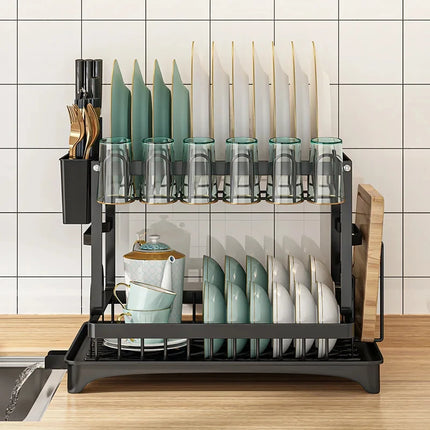 2 Tier Dish Drying Rack Kitchen Countertop Bowl Drainer Storage Organizer with Chopsticks Knife Fork Cup Holder Drain Shelf