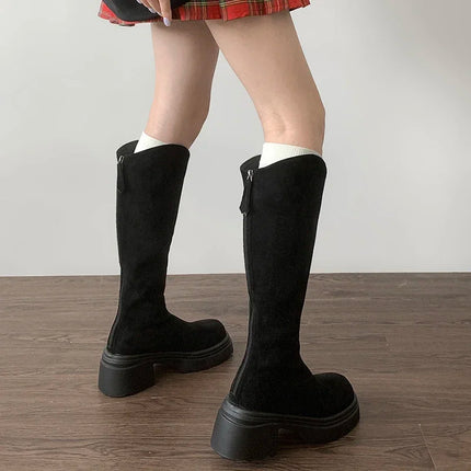 New Vintage Women Stretch Slim High Boots Fashion Back Zippers Shoes Autumn Winter Thick Heel Ladies Knight Long Booties 2025