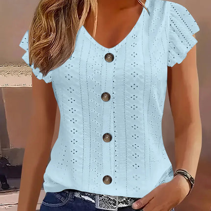 2025 Spring/Summer New Women's Fashion Stylish Commute Casual Solid Color Multi-Color Ruffle Sleeve V-Neck T-Shirt