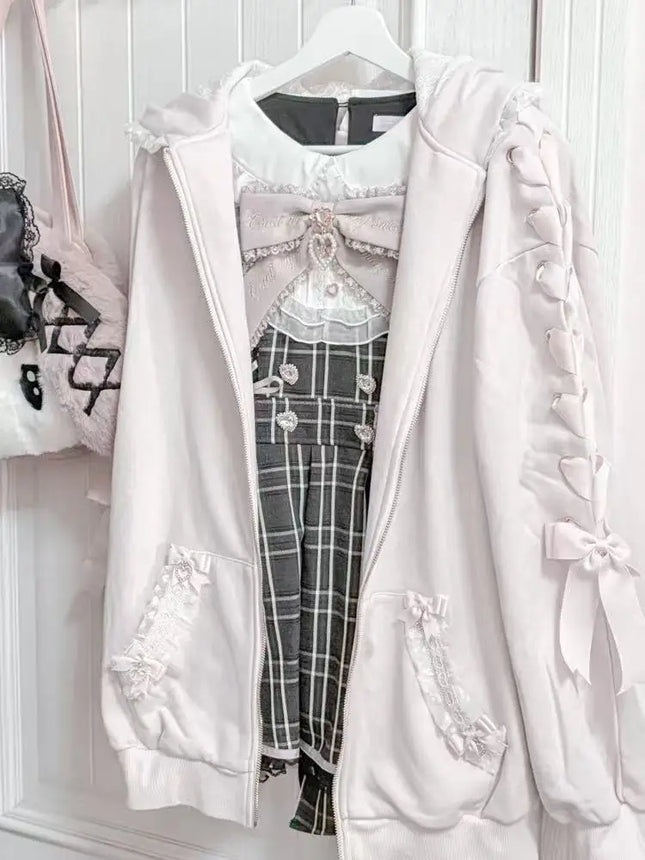 Literary All-match Preppy Style Premium Hoodies Sweet Rabbit Ear Lace Hoody Sweatshirt Japanese Loose Lace Up Bow Casual Jacket