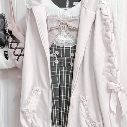 Literary All-match Preppy Style Premium Hoodies Sweet Rabbit Ear Lace Hoody Sweatshirt Japanese Loose Lace Up Bow Casual Jacket