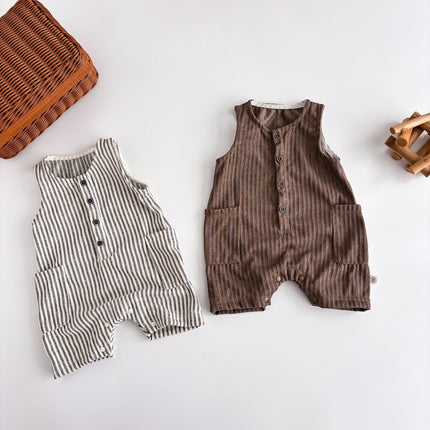 Summer Korean-style striped sleeveless jumpsuit for baby boys and girls, baby crew neck pocket jumpsuit, suitable for going out