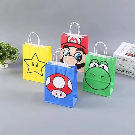 Hot 12pcs Mario Series Cartoons Wrapped Gift Bag Kraft Paper Wrapped Candy Handheld Bag Children's Birthday Party Paper handbag