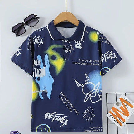Creative Cartoon Motifs Print Boy's Polo Shirts Kids Casual Short Sleeve Lapel Breathable Children's Summer Outdoor Daily Tops