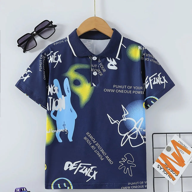 Creative Cartoon Motifs Print Boy's Polo Shirts Kids Casual Short Sleeve Lapel Breathable Children's Summer Outdoor Daily Tops