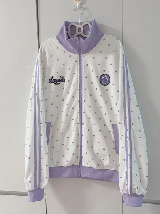 Cute Dot Sweet Sweatshirts Women Loose Cartoon Striped Kawaii Hoodies Japan Long Sleeve Stand Collar Preppy Style Outwear Tops