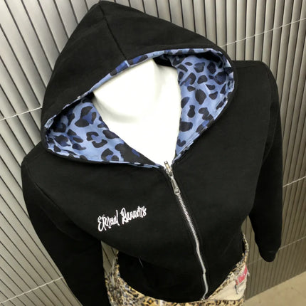 European And American Style Trend Simple Versatile Millennium Style Letter Print Blue Leopard Print Brim Zipper Hoodie Jacket