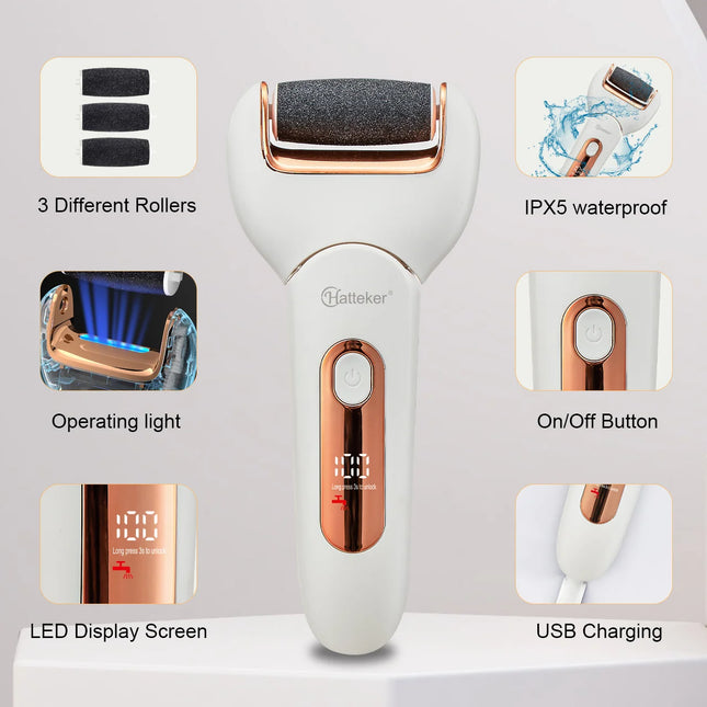 Hatteker Electric Foot File USB Rechargeable Callus Remover Pedicure Device Foot Care Tool for Heel Hard Skin Removal Waterproof