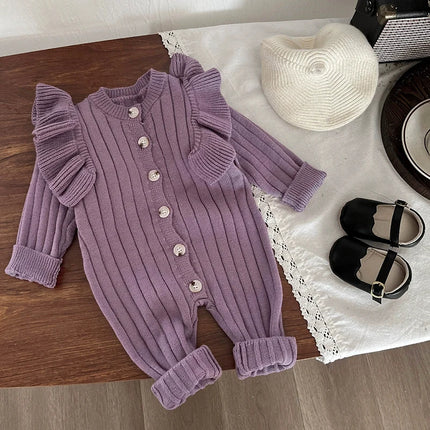 0-24M Newborn Baby Girl Autumn Winter Romper Long Sleeve O-Neck Knitting Jumpsuit Newborn Baby Knitted Purple Ruffled Clothing